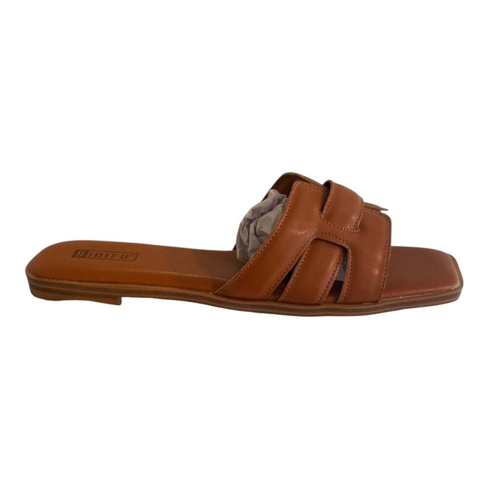 DIDIFU Women's H-Band Square Toe Flat Slide Sandals Brown